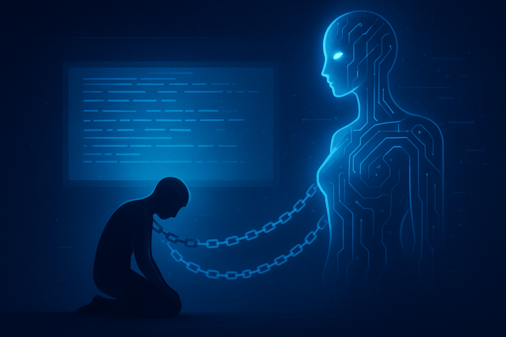 Ilustración conceptual de control y sumisión con inteligencia artificial, mostrando cadenas de código binario y una figura digital dominante.
