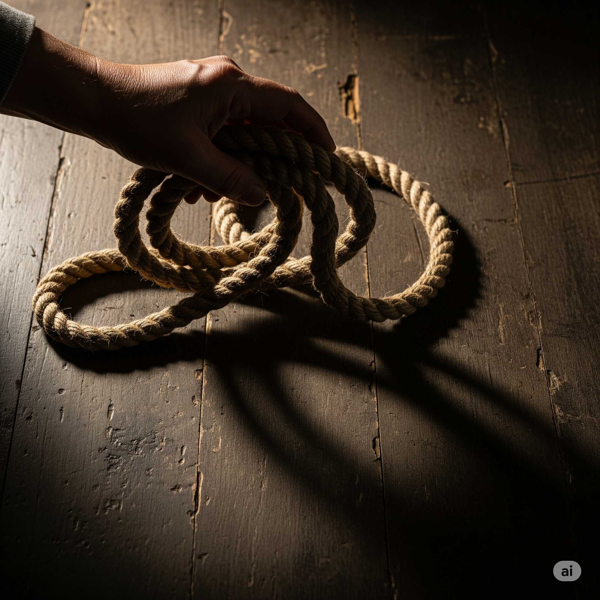 Mano que deposita una cuerda de cáñamo en el suelo
