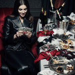Mujer dominante contando dinero junto a una mesa de banquete vacío, metáfora del clientelismo en la FemDom y la lógica del mercado masculino