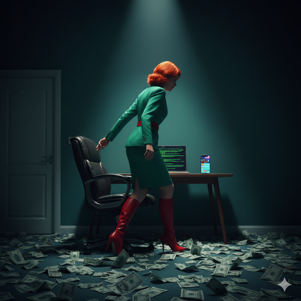Mujer sentada en un sillón frente a una mesa con ordenador y móvil, rodeada de billetes, representando la dominación femenina y el poder económico en el femdom