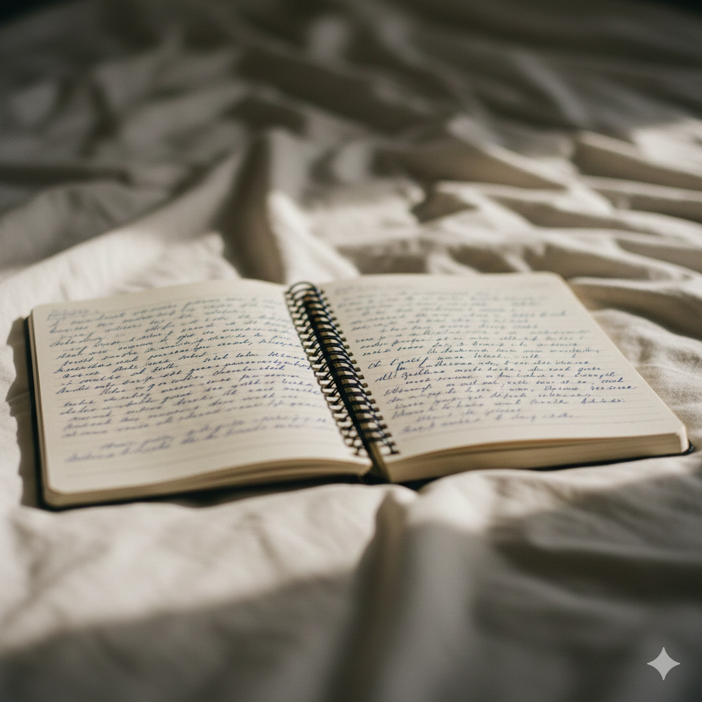Libreta abierta con escritura a mano sobre sábanas blancas, texto borroso, luz natural de ventana creando sombras suaves