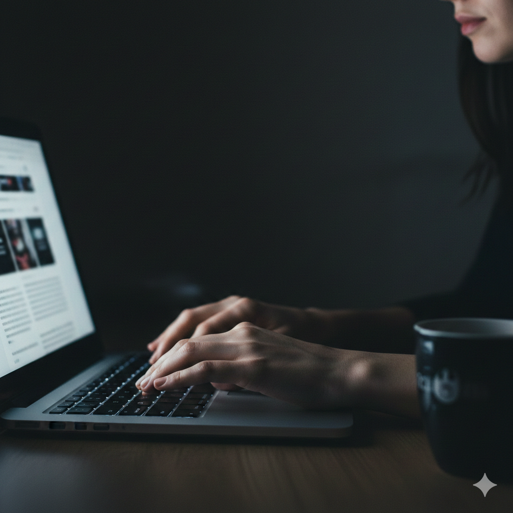 Mujer leyendo en portátil de noche, luz de pantalla iluminando su rostro, ambiente de investigación nocturna