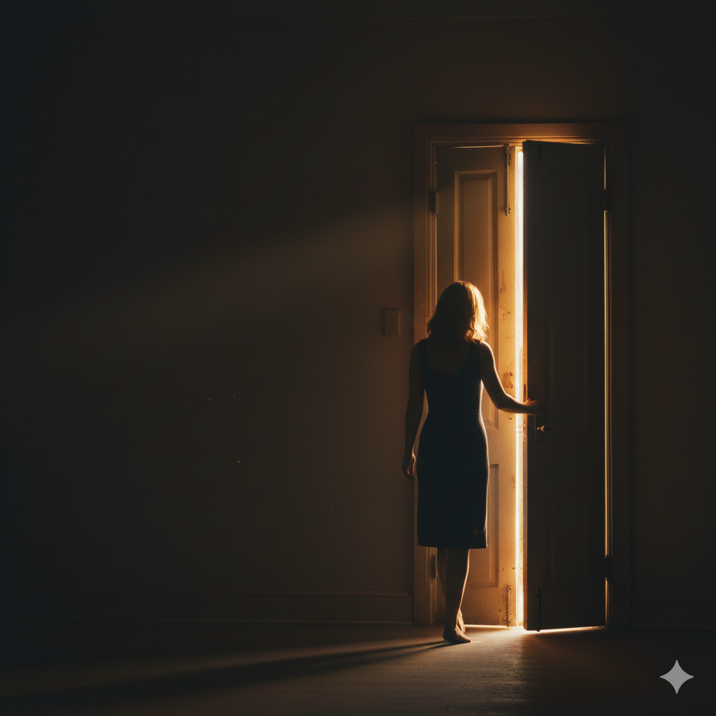 Silueta de mujer cruzando de la oscuridad a la luz a través de una puerta, representando el descubrimiento del lenguaje en el BDSM