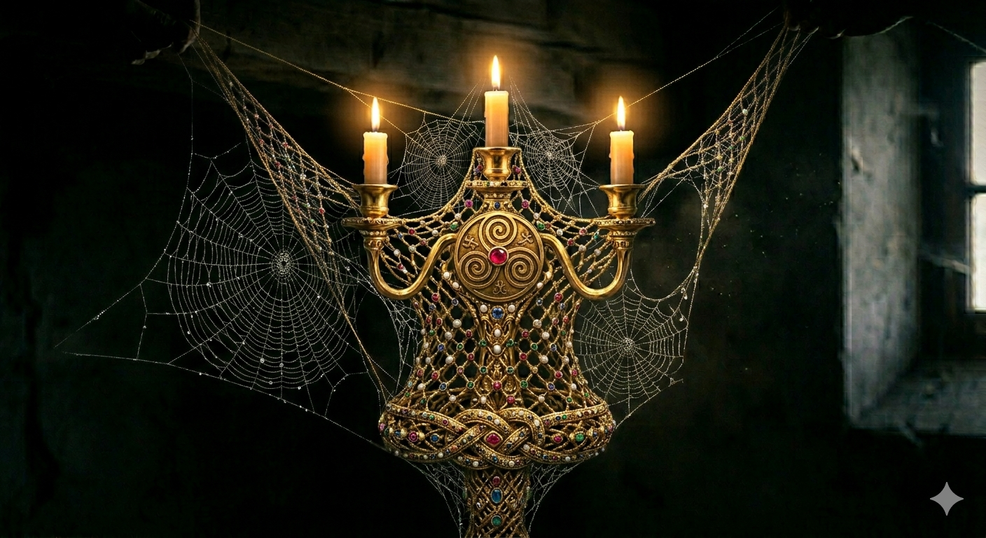 El BDSM en las redes: candelabro dorado con triskel envuelto en telas de araña