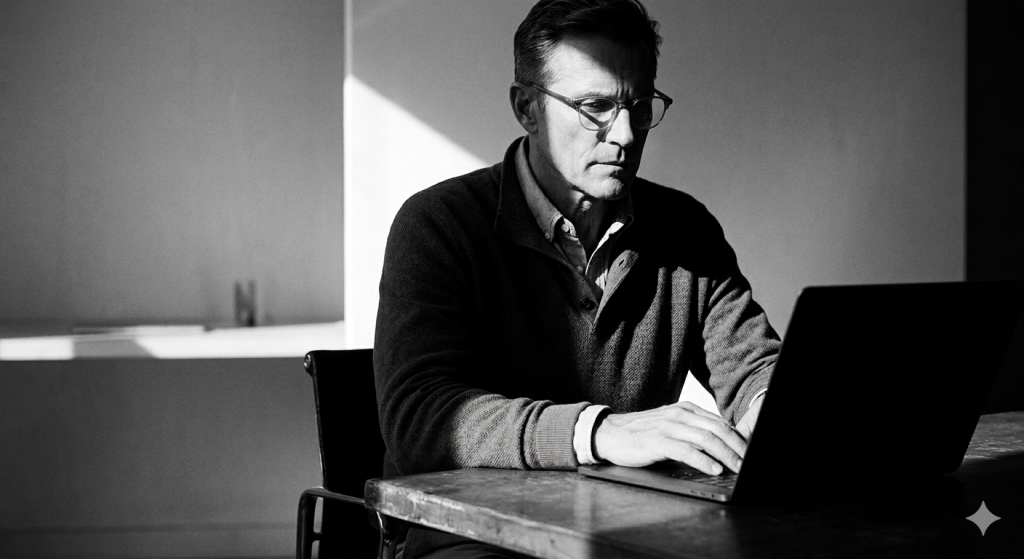 Hombre adulto sentado frente a un ordenador en penumbra, con expresión concentrada