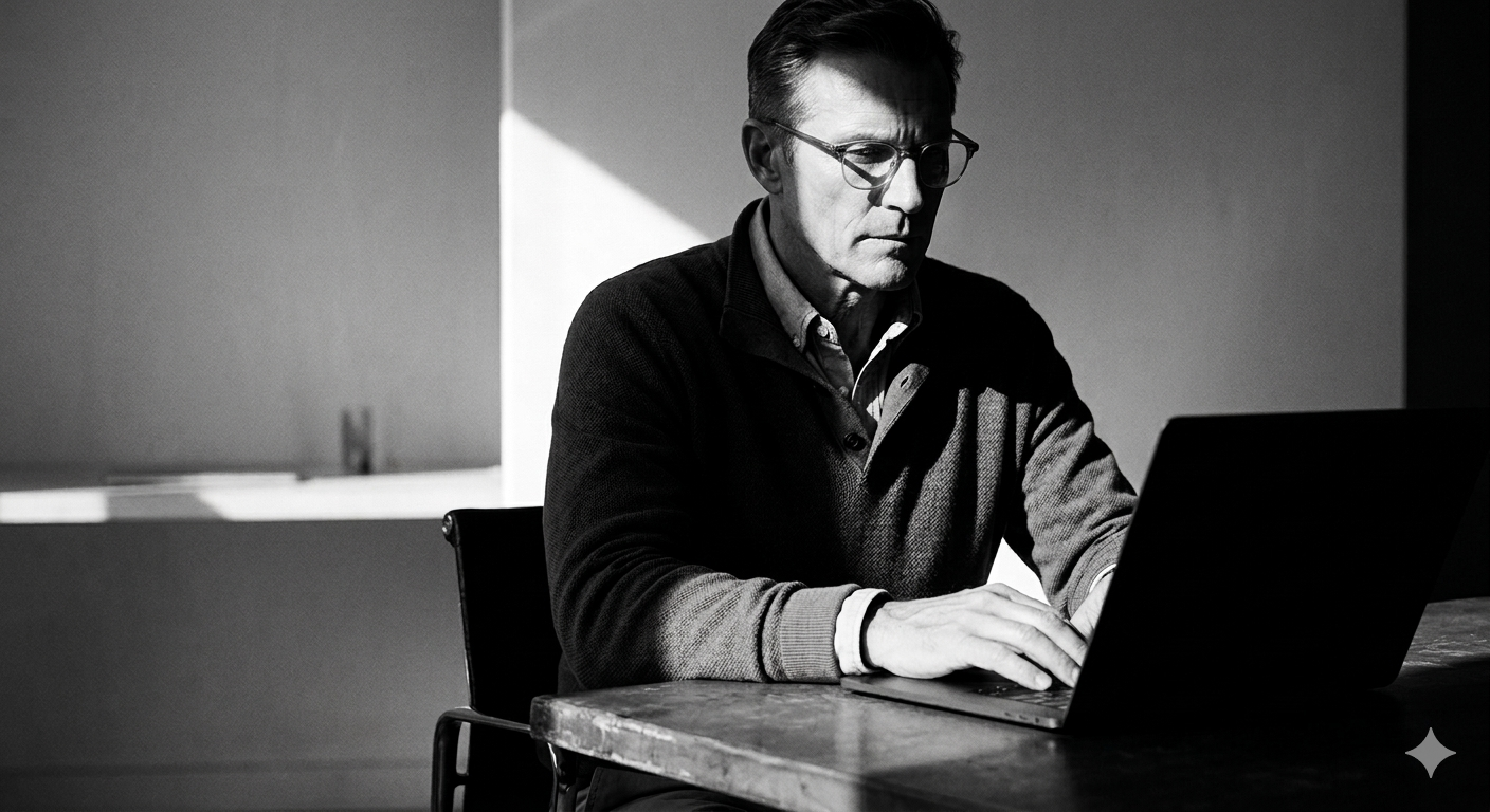 Hombre adulto sentado frente a un ordenador en penumbra, con expresión concentrada