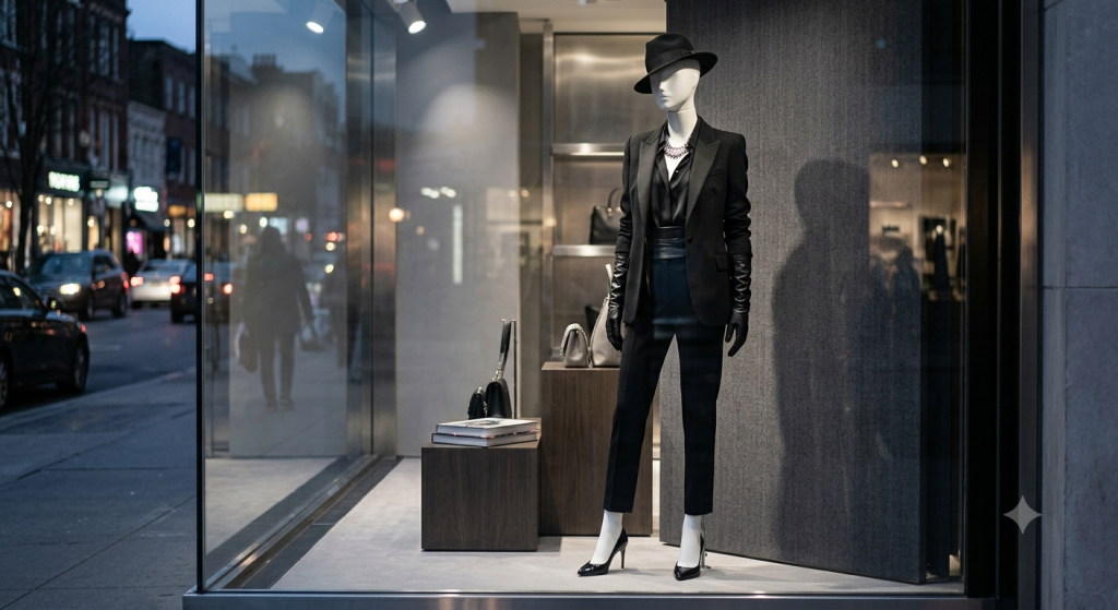 maniquí vestido de Dominante en el escaparate de una boutique