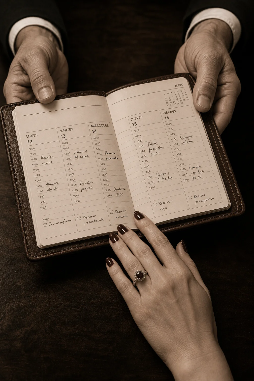 Mano de mujer sobre una agenda de piel escrita por su sumiso.